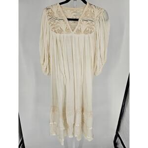 Vintage 1970s Womens Sz M Midi Length Boho Dress Ivory Crochet Balloon Sleeve